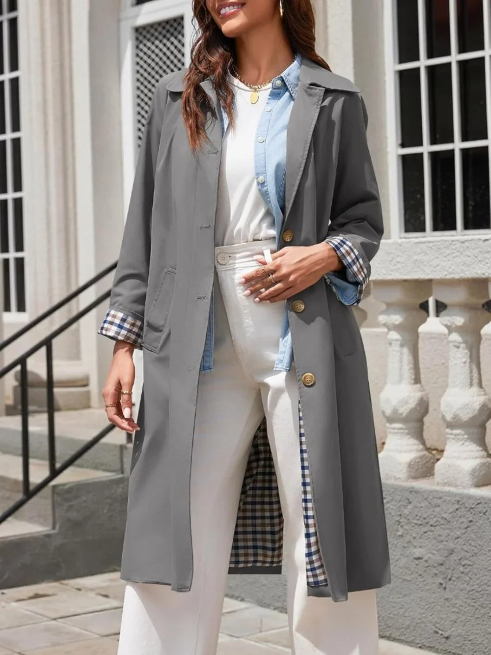 Women's Grey Long Sleeve Oversized Single Breasted Windproof Winter Trench Coat